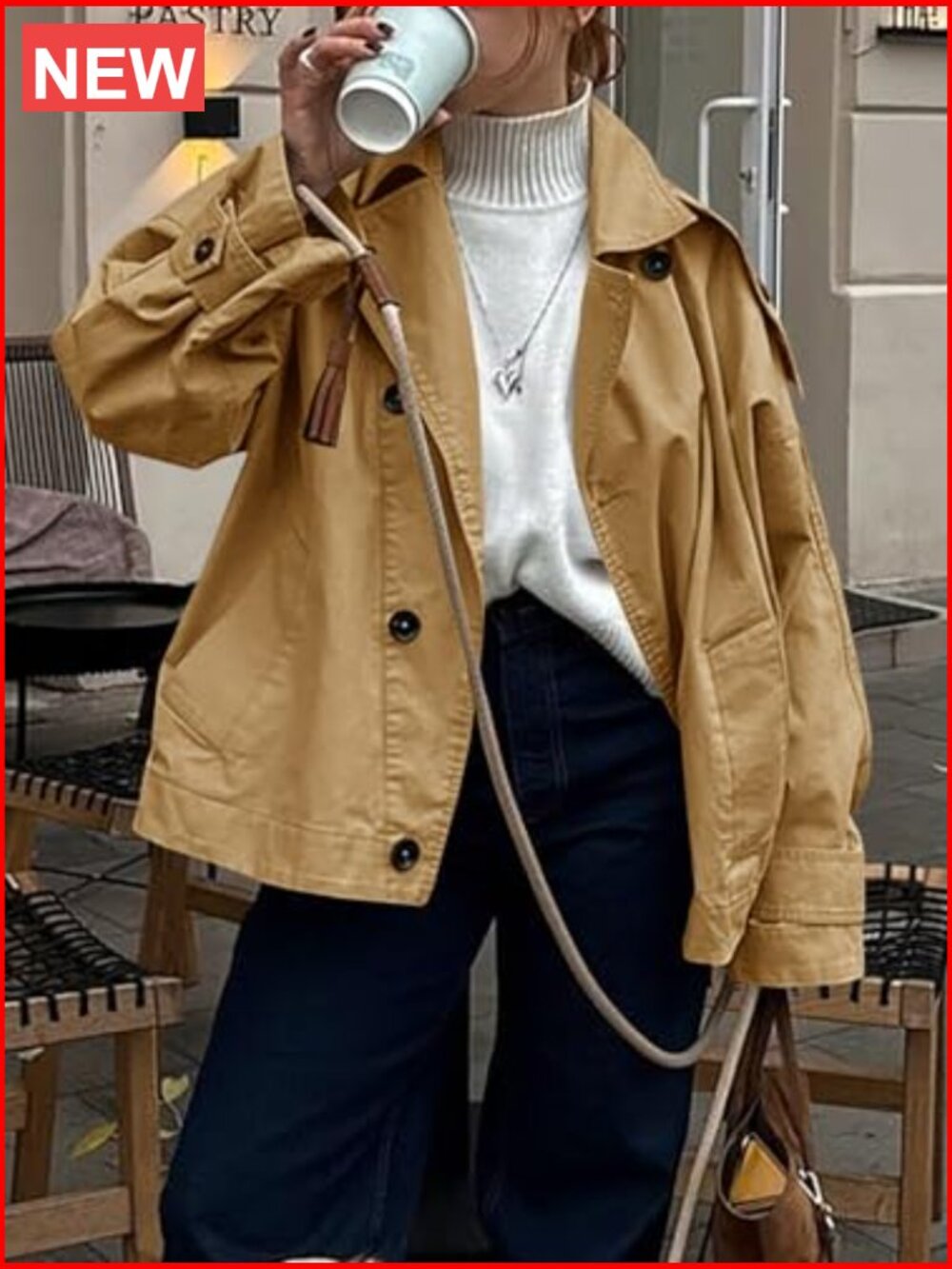 Oversized Trench Coat Single Breasted Lapel Casual Short Jacket Fall Outerwear - Picture 2 of 7